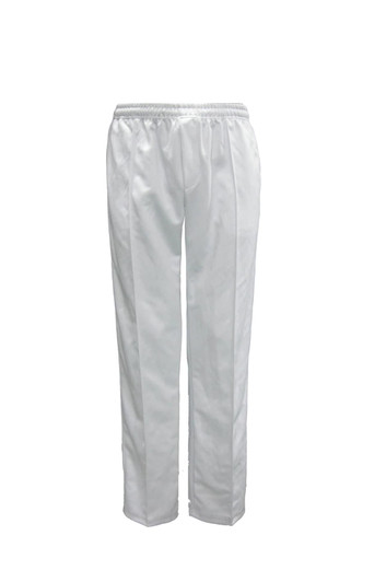 White cricket pants with an elastic waistband, featuring a simple design and a logo. Ideal for kids.