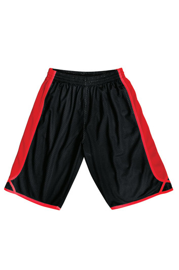 Black basketball shorts with red side accents and an elastic waistband, featuring a logo.
