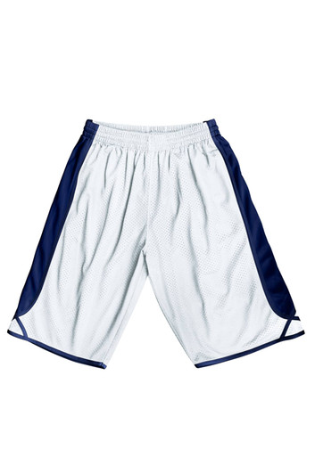 Men's basketball shorts in white with navy accents and an elastic waistband. Features a logo.