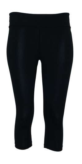 High-waisted black 3/4 length gym tights for kids, featuring a smooth, sleek design and a waistband.