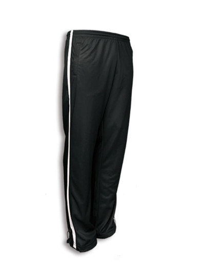 Black track pants with white side stripes, featuring a logo and a relaxed fit design for comfort.