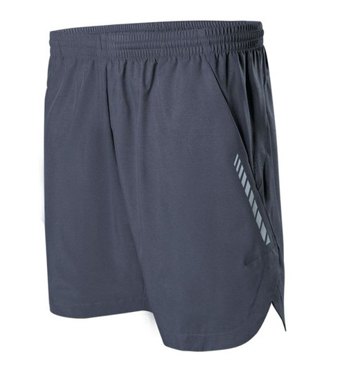 Men's running shorts in dark grey with an elastic waistband and a side pocket, featuring a branded logo detail.