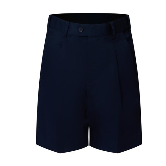 Navy blue tailored school shorts featuring a FlexiWaist design, with a button closure and pleated front.