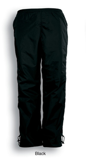 Black kids' track pants with an elastic waistband and adjustable cuffs, featuring a logo.