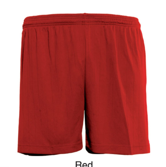 Red plain sports shorts with an elastic waistband, featuring a logo on the side. Ideal for kids' activities.