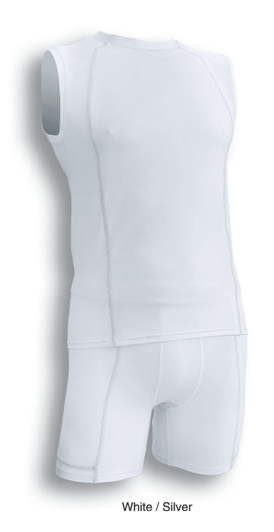 Cropped bike shorts and sleeveless top in white and silver, featuring a logo.
