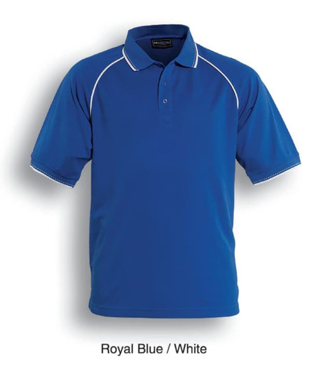 A Royal Blue and White polo shirt with short sleeves and a collar, featuring contrasting piping details.