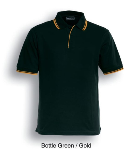 A bottle green polo shirt with gold double stripes, featuring a collar and a logo on the chest.