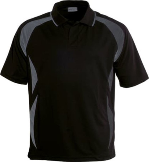 A black sports polo featuring grey side panels and a collar. It has a logo on the chest area.