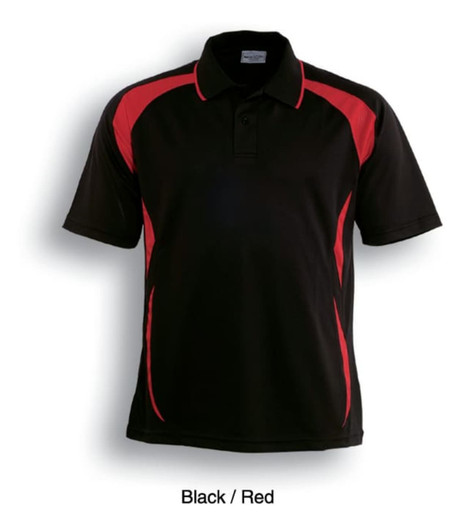 A black sports polo shirt with red accents and a logo on the chest. Suitable for kids' sports uniforms.