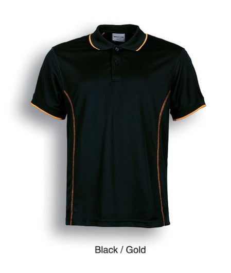 A black short sleeve polo shirt featuring gold accents and a logo.
