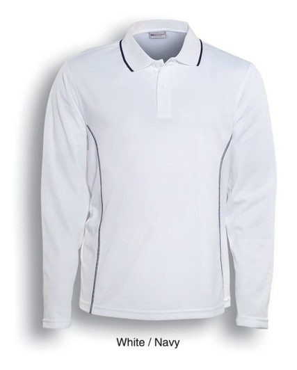 A long sleeve polo shirt in white with navy accents and a logo. Suitable for unisex adults.