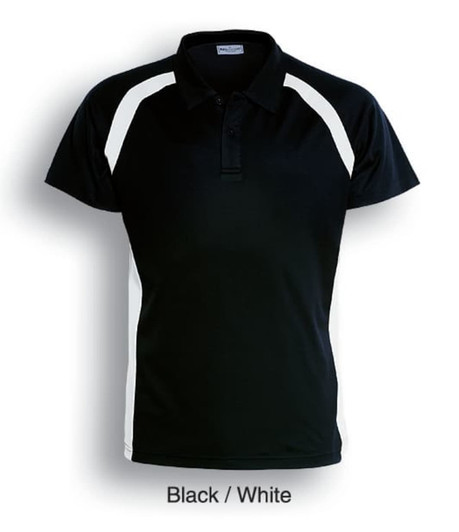 A black and white short sleeve polo shirt featuring contrast panel detailing and a logo.
