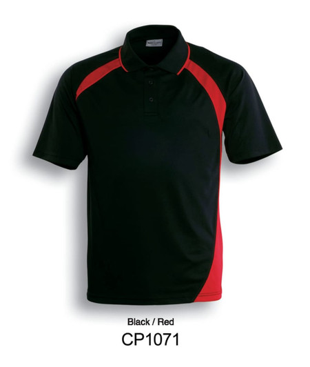 A black and red unisex dynamic polo shirt featuring a logo on the collar.