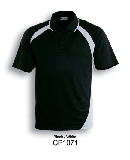 A black and white unisex dynamic polo shirt featuring a logo on the chest.