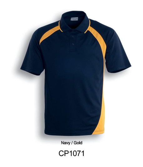 A navy and gold unisex dynamic polo shirt featuring a logo and short sleeves.