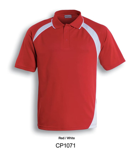 A red and white unisex polo shirt with a collar and short sleeves, featuring a logo.