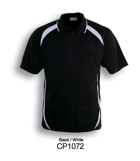 A black and white unisex polo shirt with a contrast contour design and a logo on the collar.