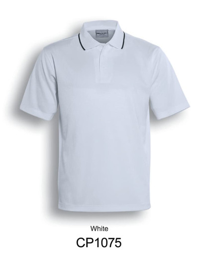 A white unisex polo shirt featuring a contrasting collar and a logo on the chest.