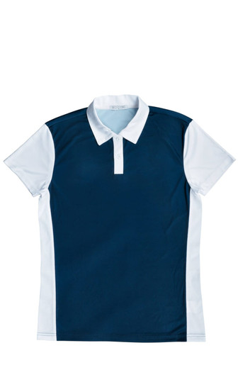 A ladies sports polo shirt in navy blue and white, featuring short sleeves and a collar. It has a logo on it.