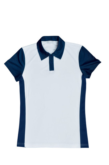 A women's sports polo in light blue with dark blue accents and a collar. It features a buttoned placket and logo.