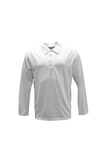 A long sleeve cricket polo in light grey, featuring a collar and front buttons, with a logo on the chest.