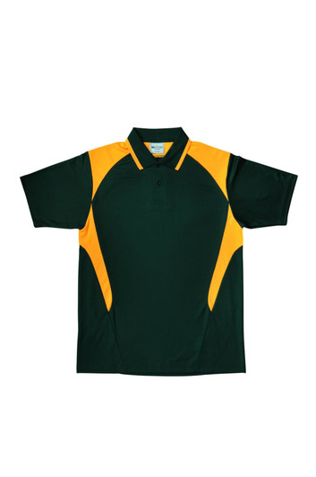 A dark green polo shirt featuring bright yellow contrast panels on the shoulders and sides, with a logo present.