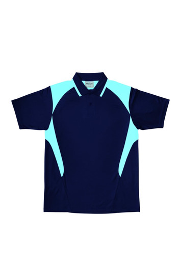 A navy polo shirt featuring light blue contrast panels and a collar, with a logo on the chest.