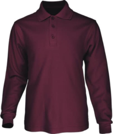 A long sleeve polo shirt in a rich burgundy colour, featuring a collar and three-button placket. It has a logo on it.