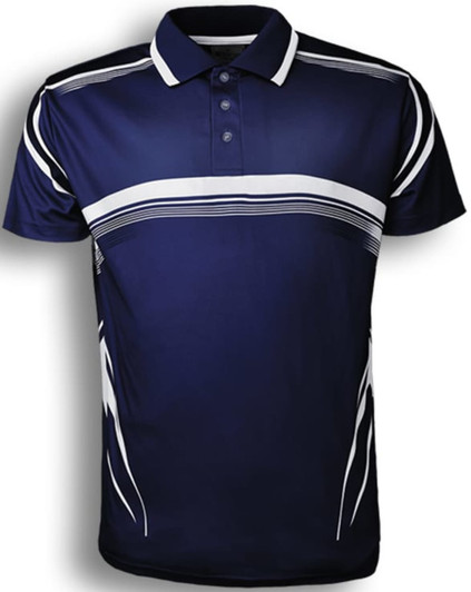 A navy blue sublimated polo shirt featuring white striped designs and a logo. Suitable for unisex adults.