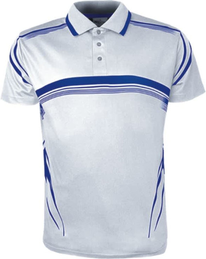 A unisex adults polo shirt in light grey with blue graphic lines and a collar. It features a logo on the chest.