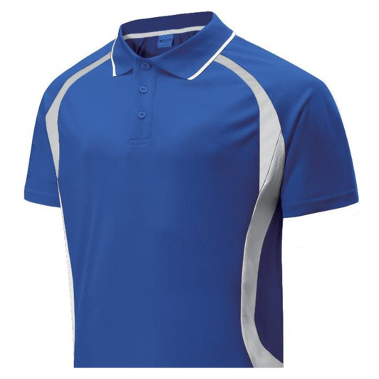 A blue polo shirt with silver accents and a logo on the chest.