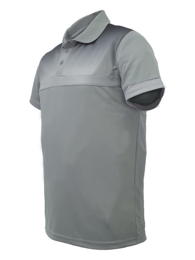 A grey unisex adult sublimated casual polo shirt with a two-tone design and a logo on the chest area.