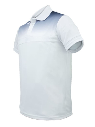 A white and light blue sublimated casual polo shirt with a collar and a logo.