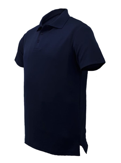 A navy unisex cotton polo shirt featuring a collar and a button placket, with a logo on the chest.