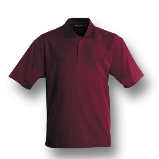 A maroon short sleeve polo shirt with a collar and a logo on the chest. Made from poly face and cotton backing.