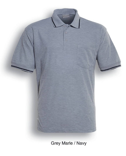 A grey marle and navy unisex adult pocket polo shirt featuring a collar and a logo.