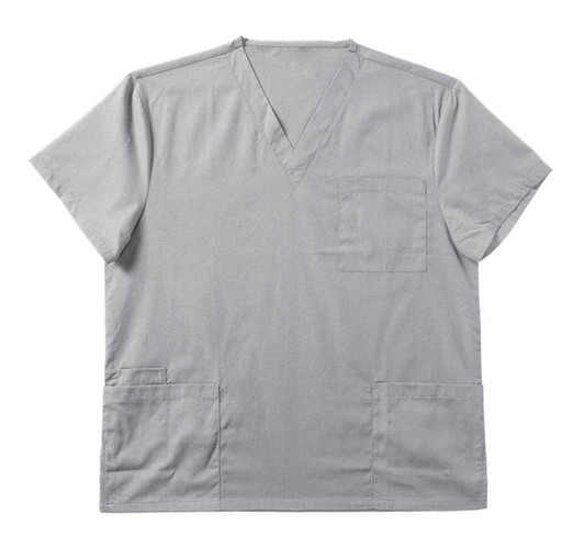 A grey ladies scrub top featuring a V-neck design and multiple pockets. It has a logo on the fabric.