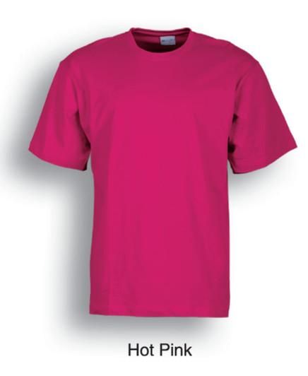 A hot pink plain cotton T-shirt with a crew neckline and short sleeves. It includes a logo.