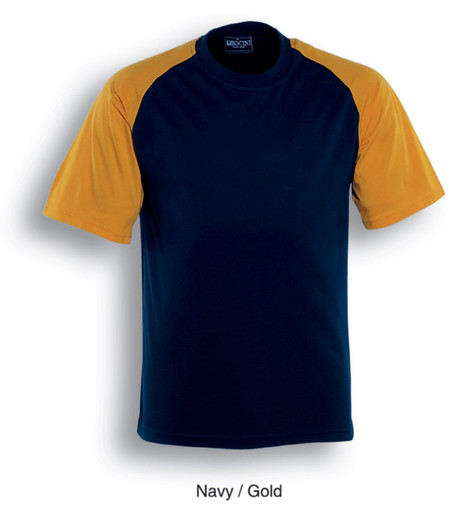 A unisex adults raglan sleeve tee shirt in navy with gold sleeves. Features a logo.