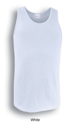 A white men's cotton singlet featuring a round neck and sleeveless design, with a branding label.