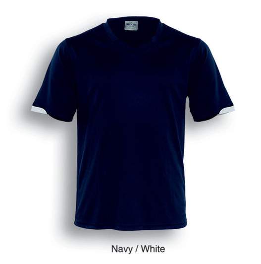 Navy and white unisex football jersey featuring a V-neck and short sleeves, with a logo on the upper back.