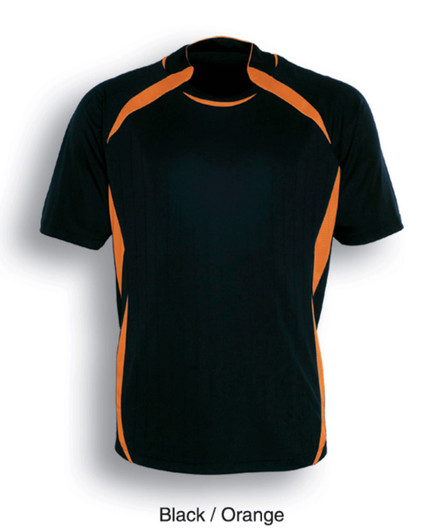 A black and orange unisex sports jersey with contrasting side accents and a logo.