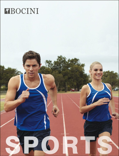 A blue ladies singlet featuring a logo, displayed on two models running on a track.