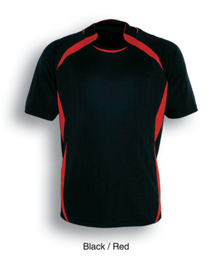 A black and red kids sports jersey featuring short sleeves and a sporty design with a logo.