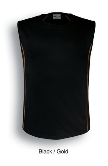 A black and gold men's sleeveless body tank featuring a logo and contrasting stitching.