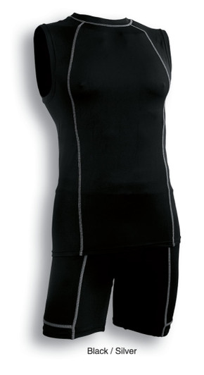 A black and silver men's performance tank top with sleeveless design and stitching detail. It has a logo.