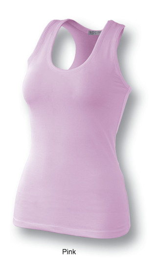 A pink ladies gym singlet with a scoop neck and a racerback design. Features a small logo on the label.