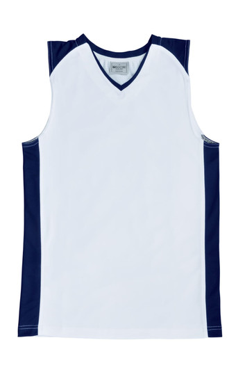A white and navy men's basketball singlet with a v-neck design and shoulder detailing. It features a logo.
