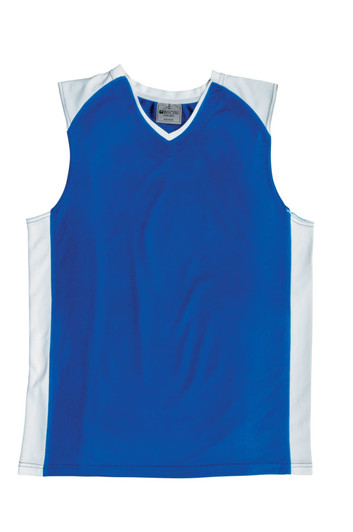 A blue kids basketball singlet with white side panels and a v-neck design. It features a logo on the front.